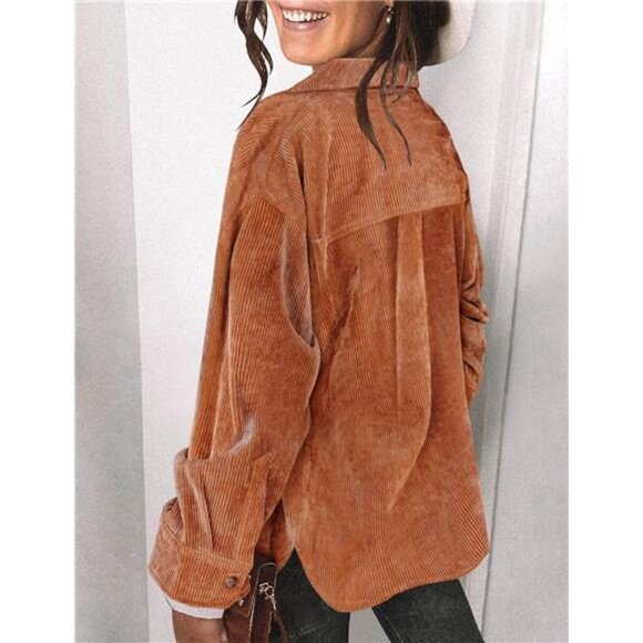 Womens Corduroy Shirt Long Sleeve Oversized Button Up V Neck Blouses - Picture 5 of 6